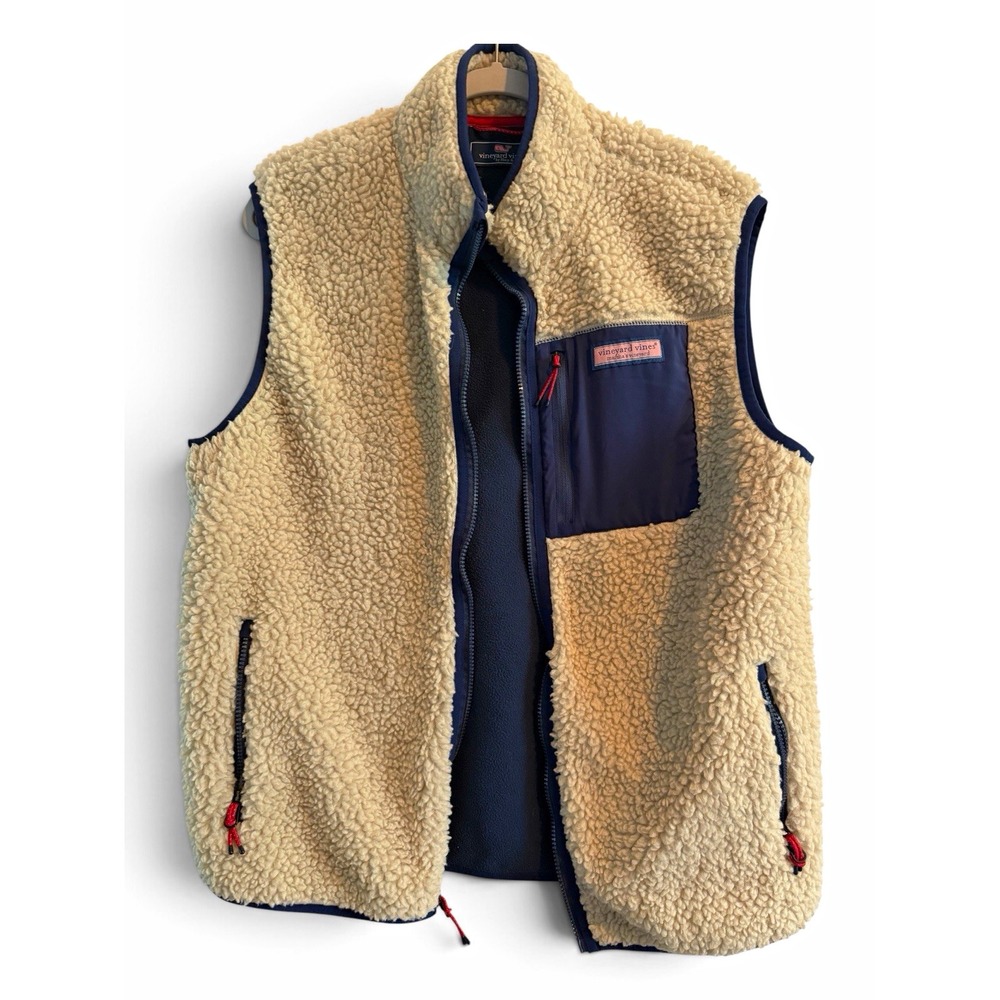 Vineyard Vines Mens L Sherpa Fleece Vest Tan Navy Full Zip Teddy Outdoor Mens